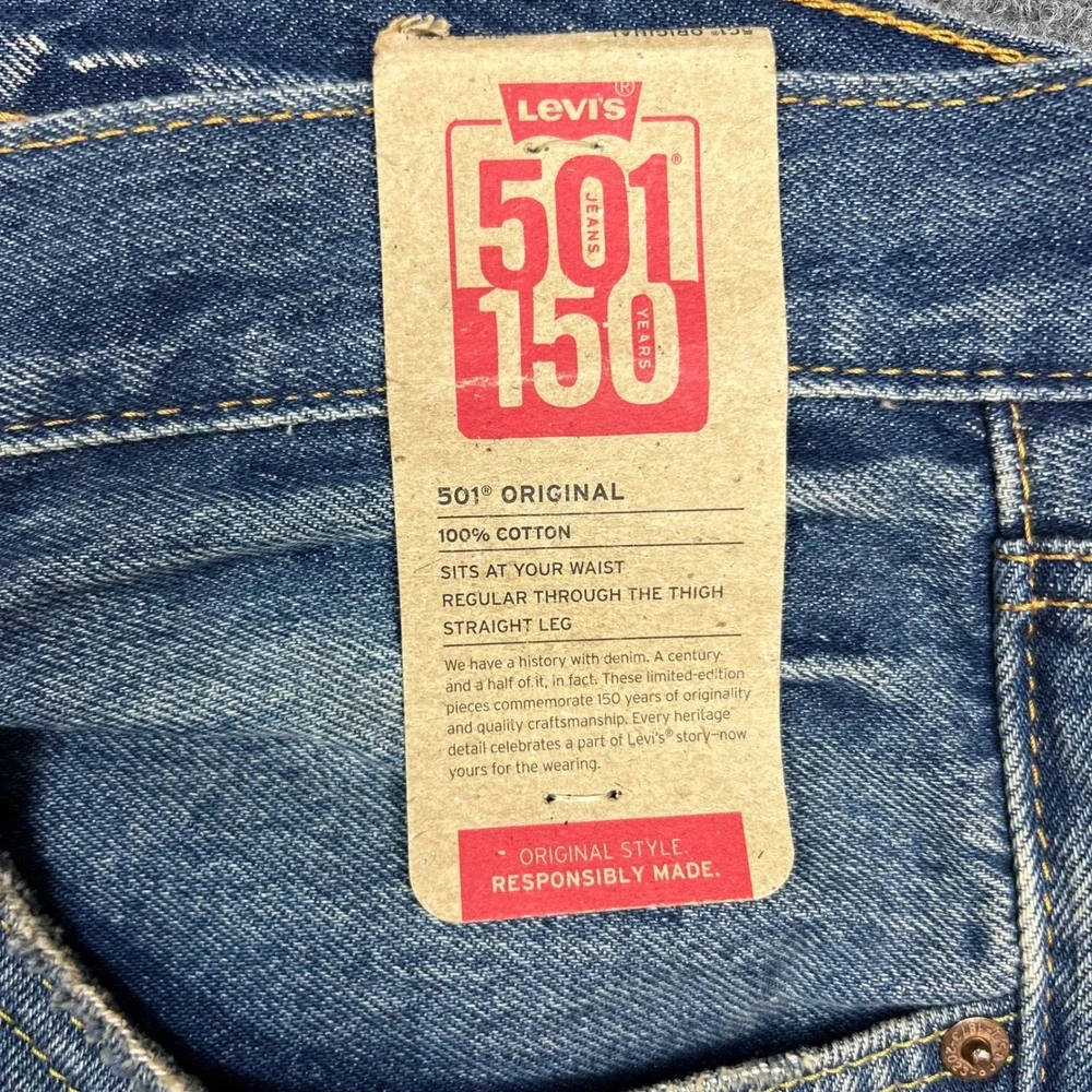 Levi's 501 Jeans Mens 48x30 Blue Distressed 150th Anniversary Button Fly Denim
